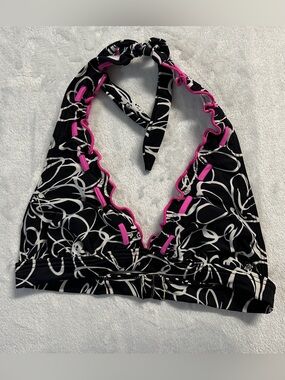 Y2K LA VIE EN ROSE AQUA women's pink b&w frilly floral triangle halter bikini to
